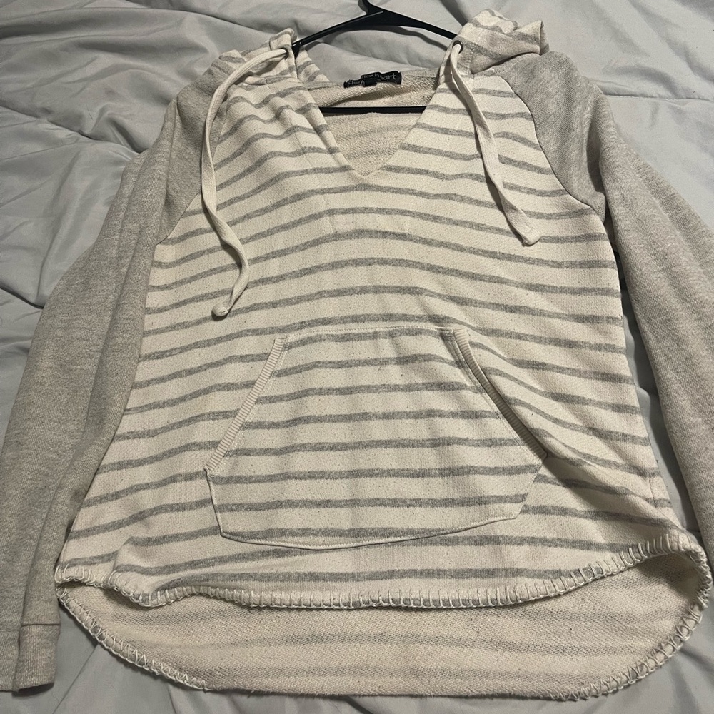 Off white and grey stripped hooded sweater/shirt. Derek heart brand. Size large.